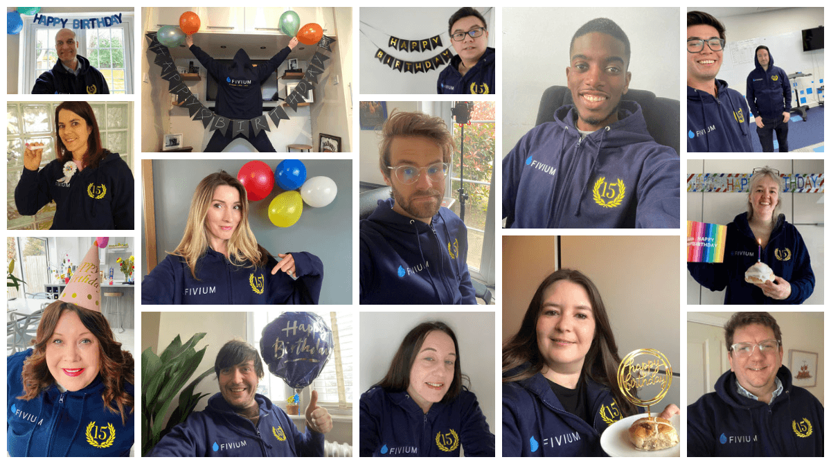 Collage of Fivium team members taking selfies in navy blue hoodies with Fivium logo and 15 inside a gold laurel wreath
