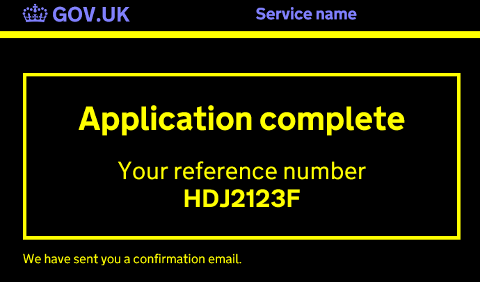 A screenshot of an 'application complete' screen in high contrast mode, with a yellow border around the main message