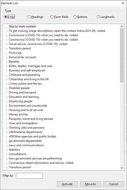 Screenshot of the Elements List window from NVDA, showing the list of links on the GOV.UK homepage