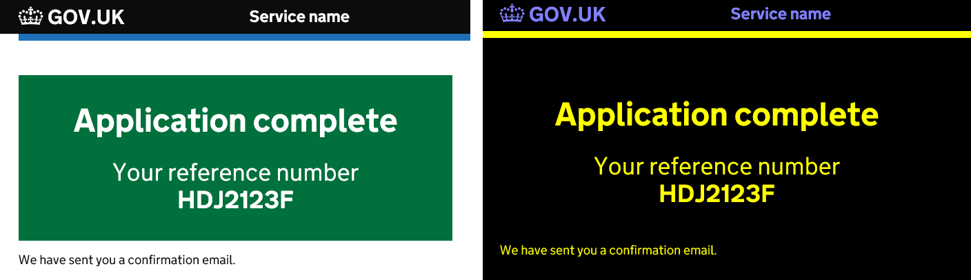 Two screenshots, one of an 'application complete' screen in normal colours and another in high contrast mode. In high contrast mode the green box around the main message is changed to black, so there's no box around the message.
